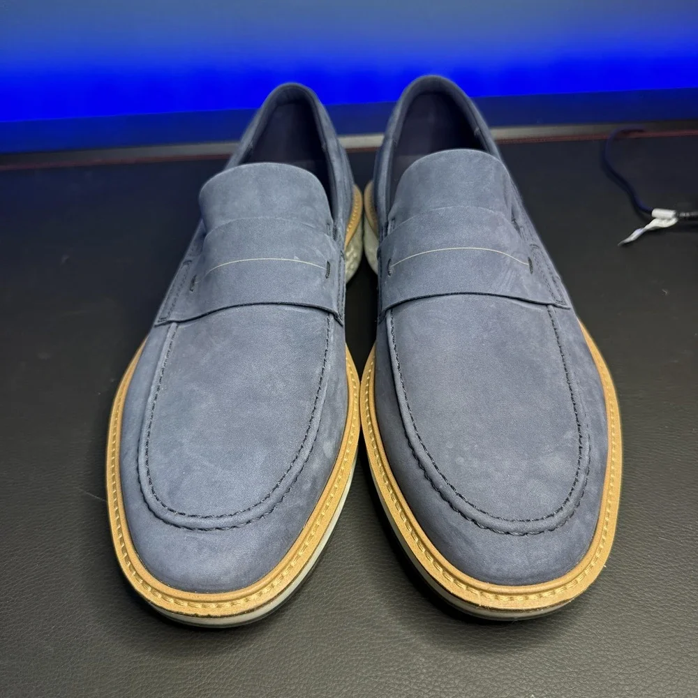 Ecco Men's Blue Suede Penny Loafers with White Sole and Tan Trim